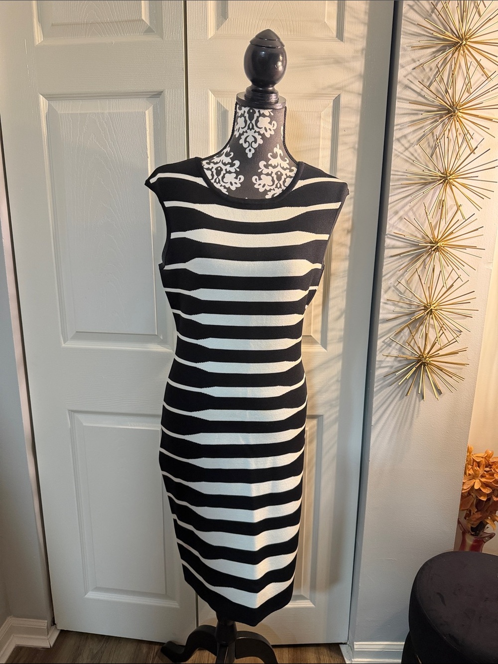 Calvin Klein Black and White Sleeveless Striped Midi Dress